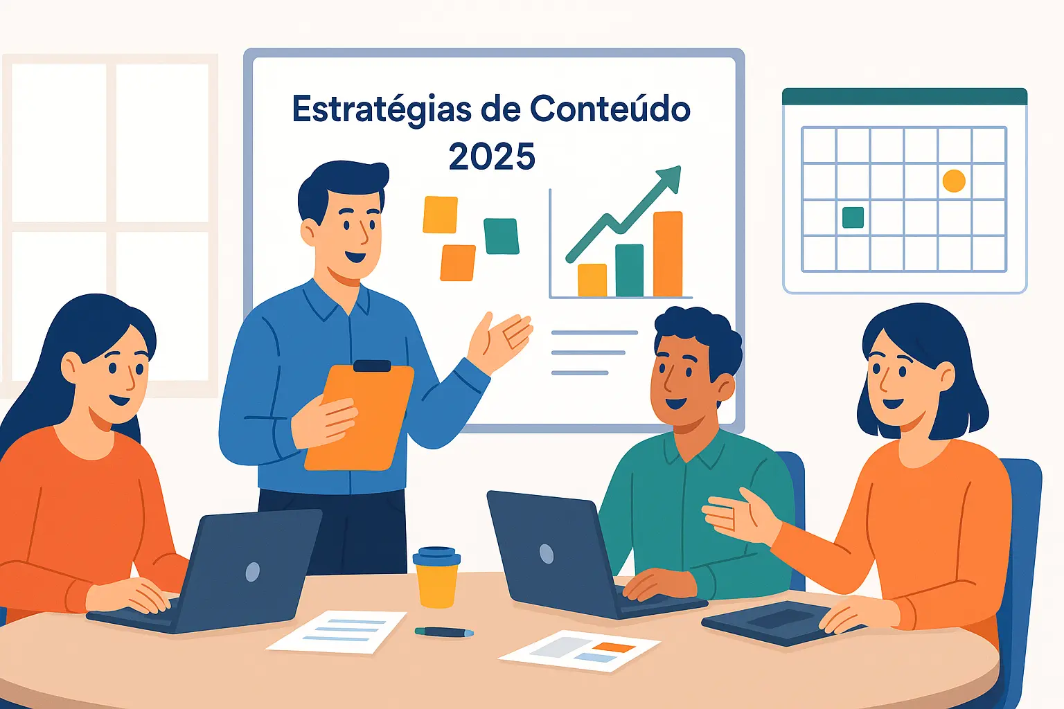 Equipe de marketing planejando estratégias de conteúdo digital em reunião com laptops e quadro de anotações.